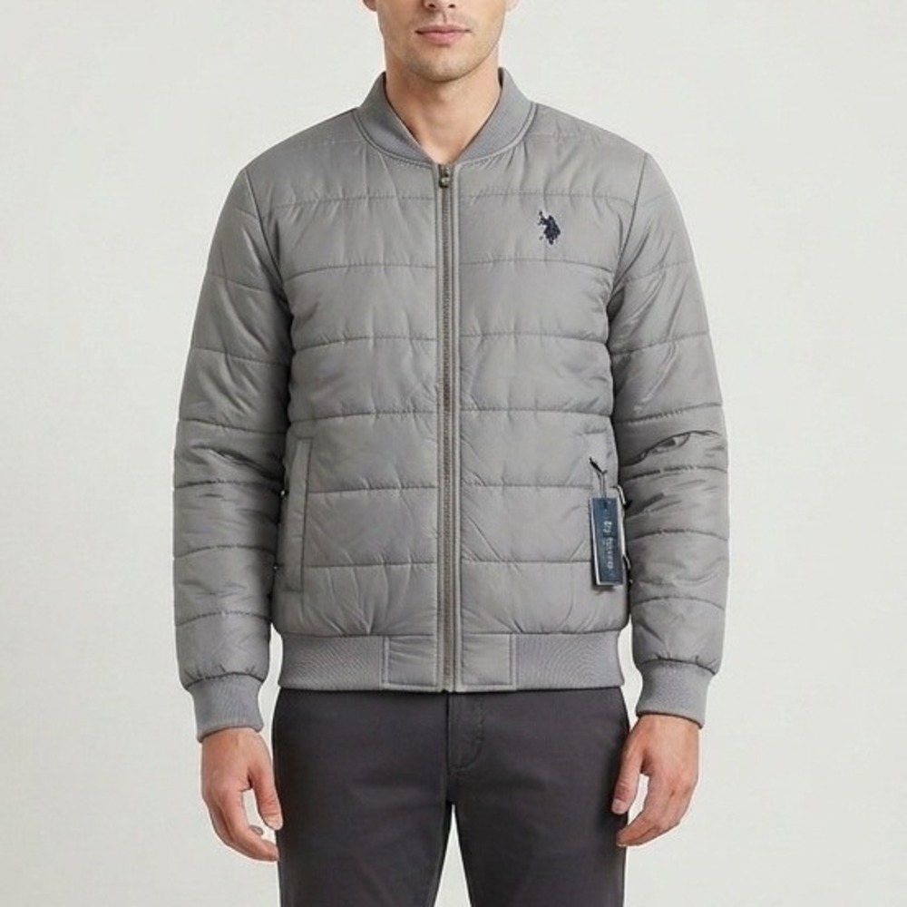 US Polo Assn Mens Puffer Bomber Jacket Gray Quilted Full Zip Size L NEW